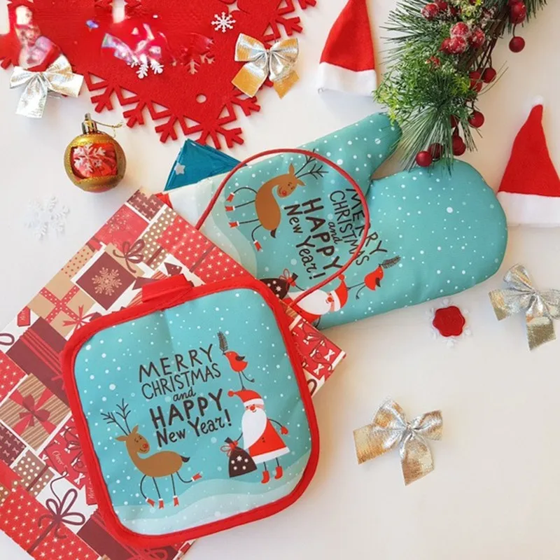2pcs/set Christmas Baking Anti-Hot Gloves Pad Oven Dining BBQ Kitchen Mat New Year 2021 Natal Xmas Party Decoration Supplies