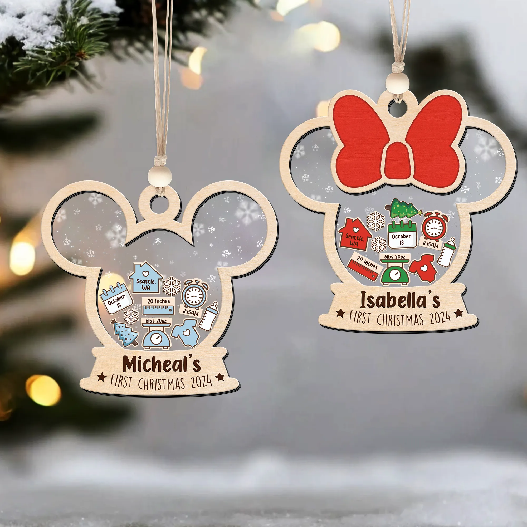 4D Shaked Mickey Minnie Ornament, Baby's First Christmas Ornament CF194