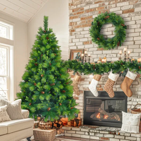 6FT Pre-Lit Green Realistic Christmas Tree with Wreath & Garland Set