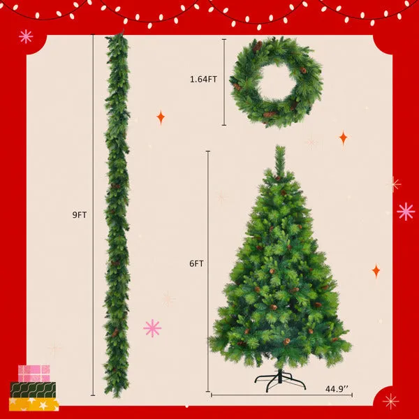 6FT Pre-Lit Green Realistic Christmas Tree with Wreath & Garland Set