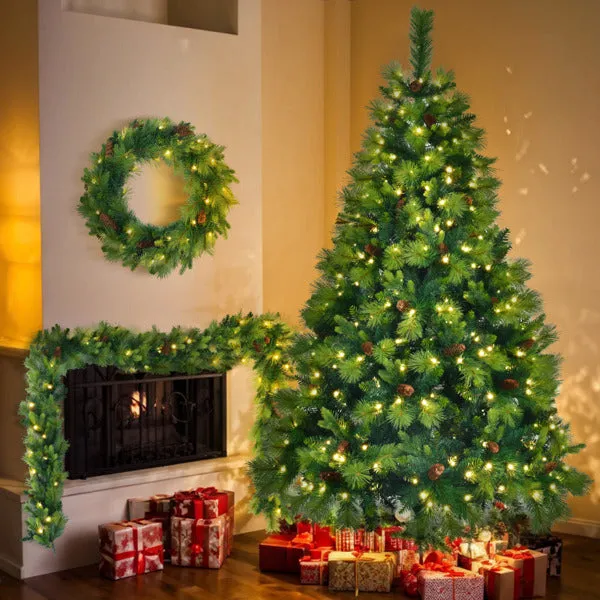 6FT Pre-Lit Green Realistic Christmas Tree with Wreath & Garland Set