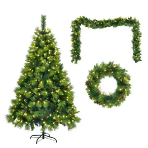 6FT Pre-Lit Green Realistic Christmas Tree with Wreath & Garland Set
