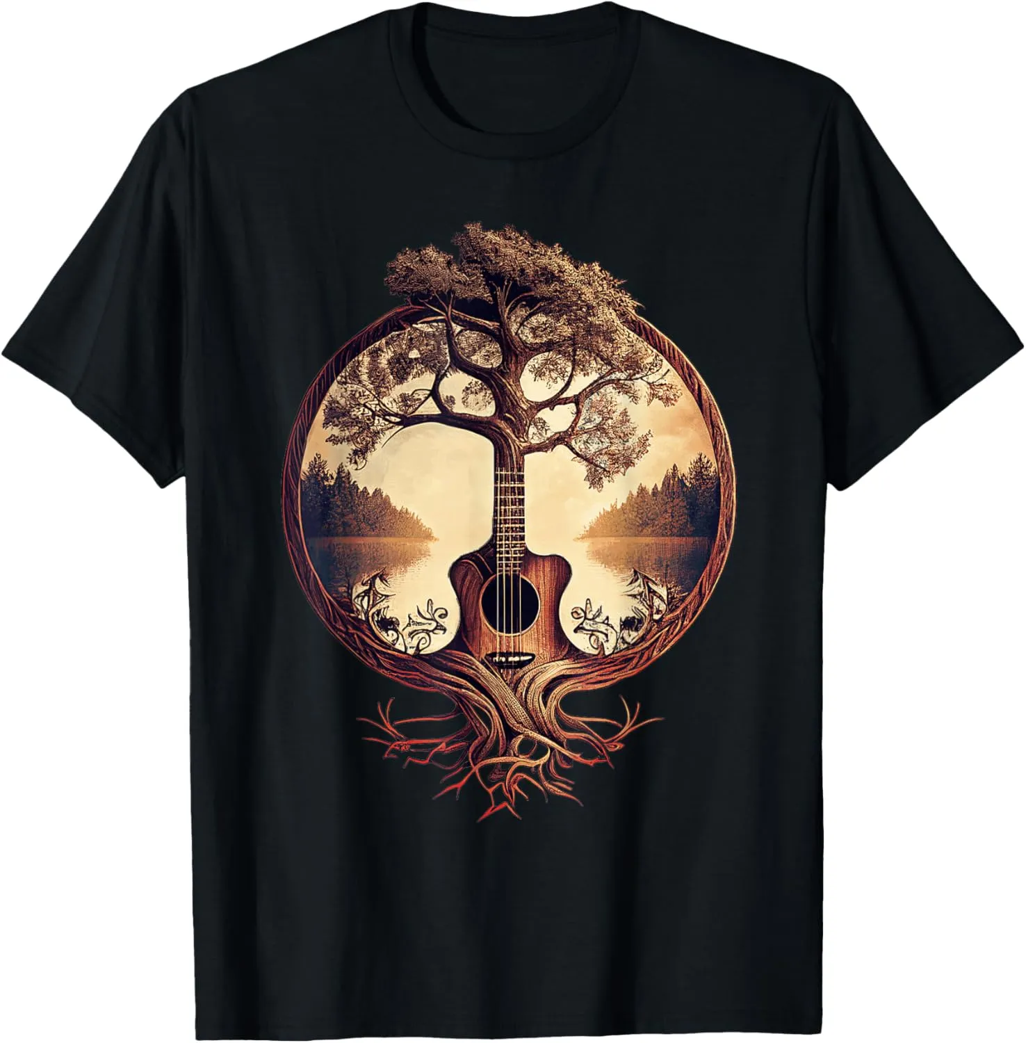 Acoustic Guitar Tree By The Lake Guitarist T-Shirt