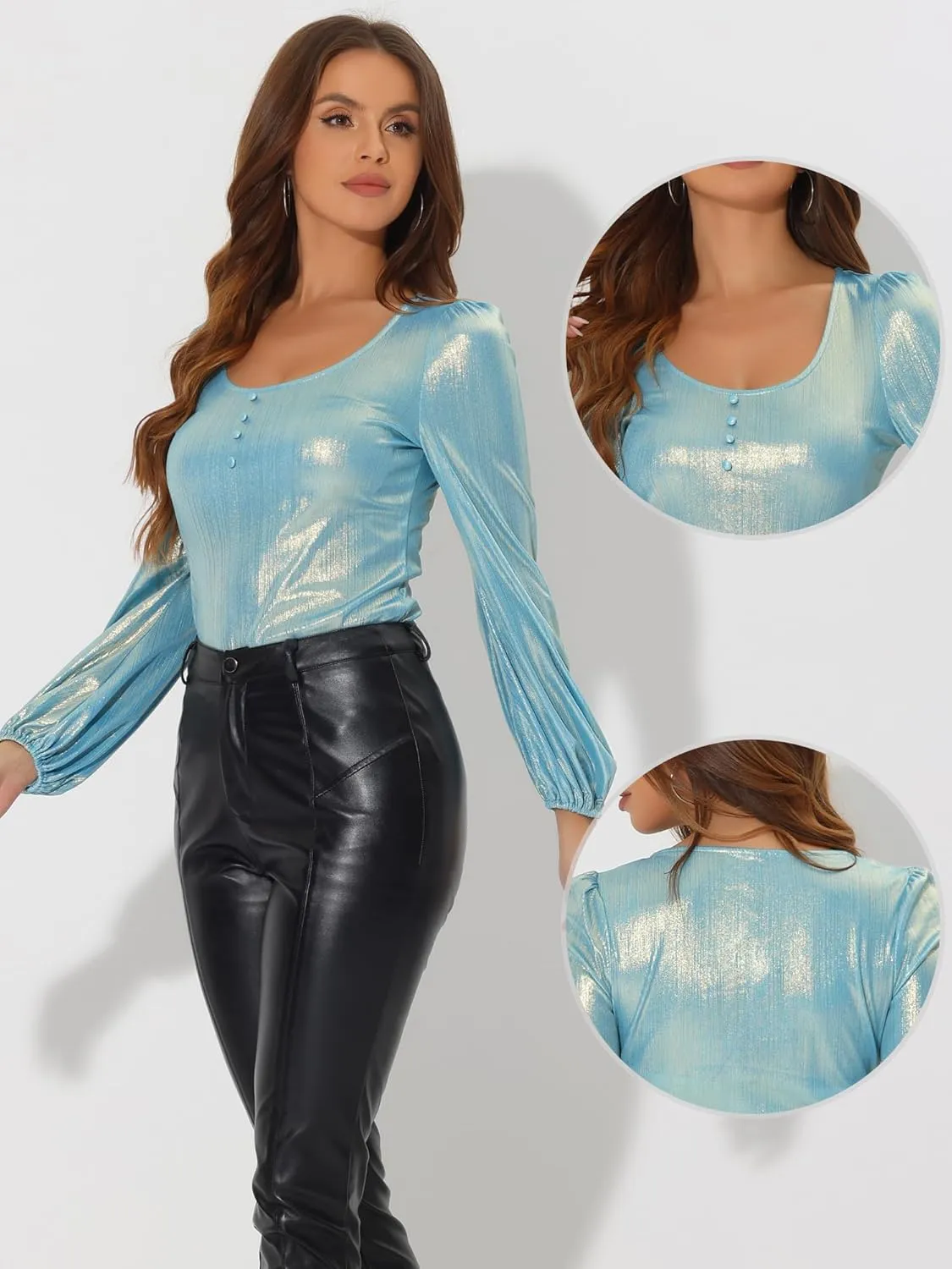 Allegra K Metallic Blouse for Women's Christmas Sparkly Party Shiny Bishop Sleeve Glitter Tops