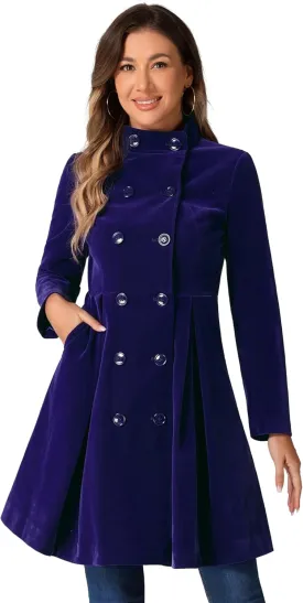 Allegra K Velvet A-Line Coat for Women's Christmas Double Breasted Winter Swing Coats