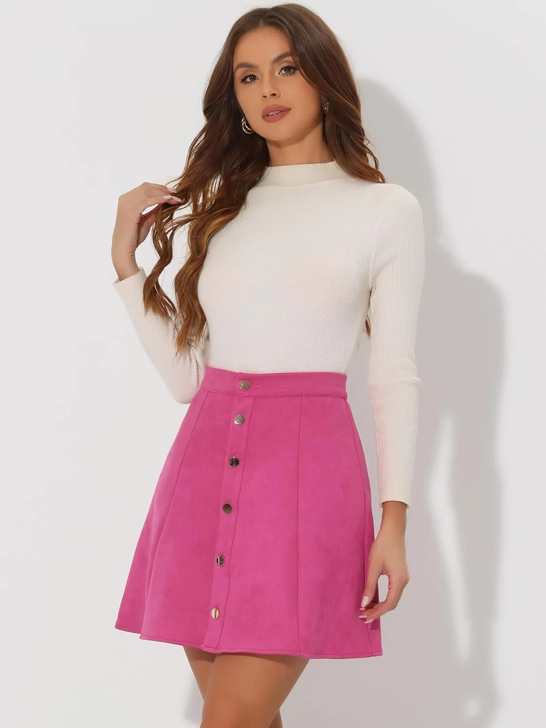 Allegra K Women's Faux Suede Button A-Line High Waisted Christmas Flared Mini Short Skirt