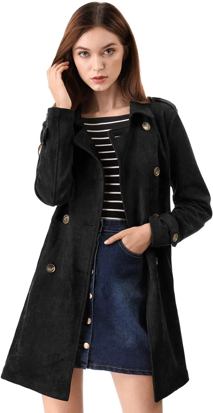 Allegra K Women's Faux Suede Trench Coat Notched Lapel Double Breasted Jacket with Belt