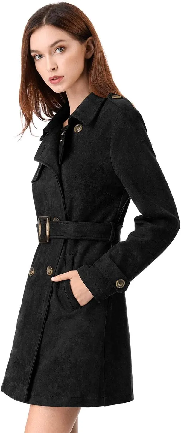 Allegra K Women's Faux Suede Trench Coat Notched Lapel Double Breasted Jacket with Belt