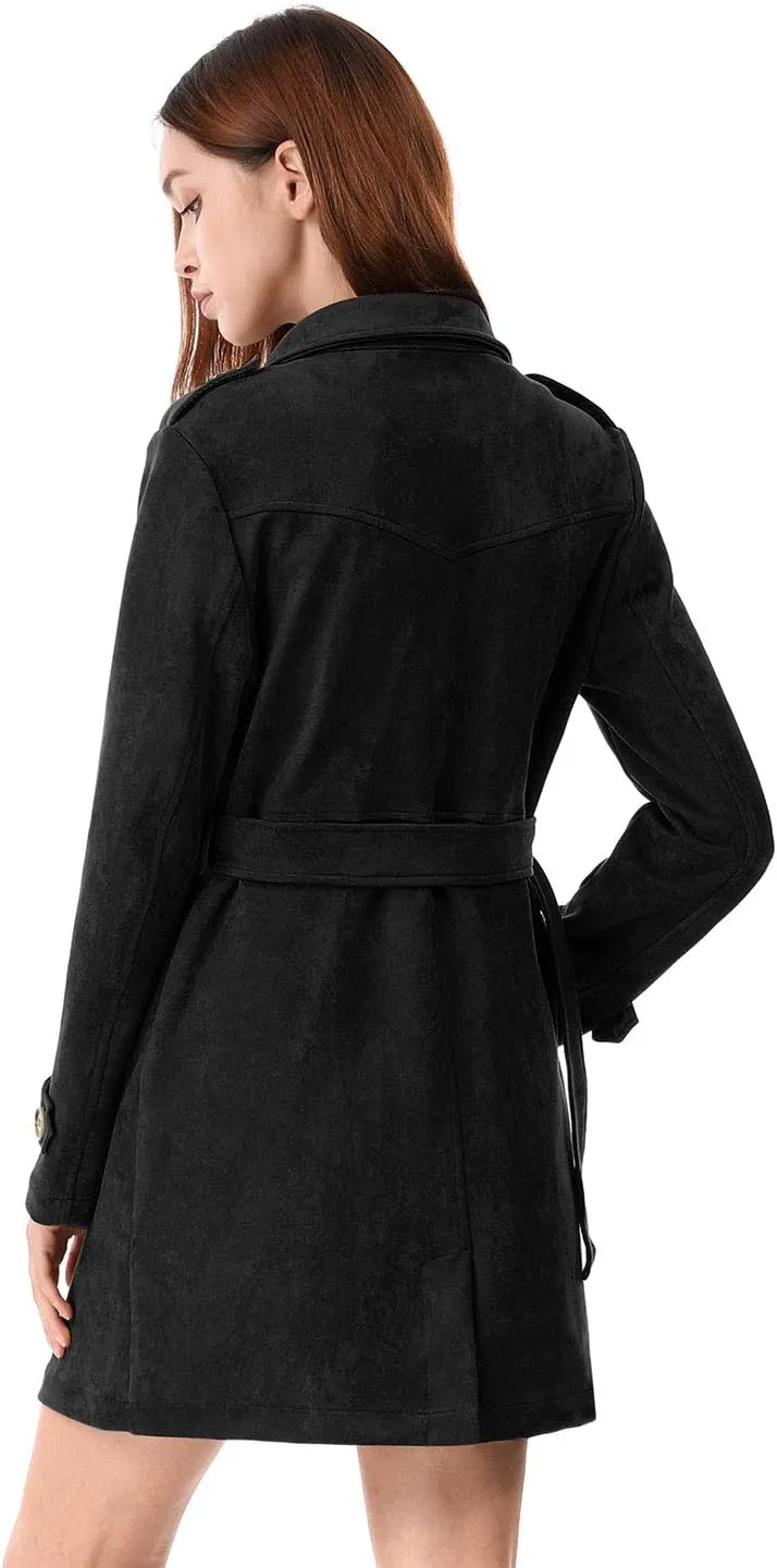 Allegra K Women's Faux Suede Trench Coat Notched Lapel Double Breasted Jacket with Belt