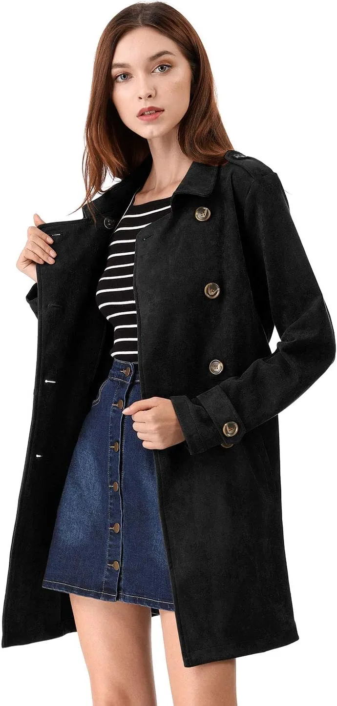Allegra K Women's Faux Suede Trench Coat Notched Lapel Double Breasted Jacket with Belt