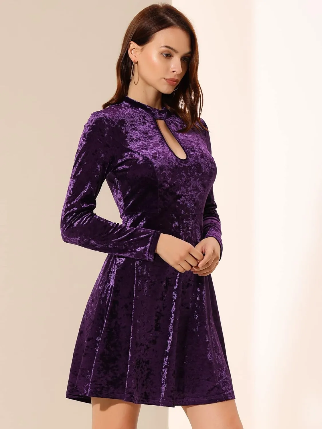 Allegra K Women's Keyhole Neck Dresses High Waist Long Sleeve Christmas Velvet Swing Mini Dress