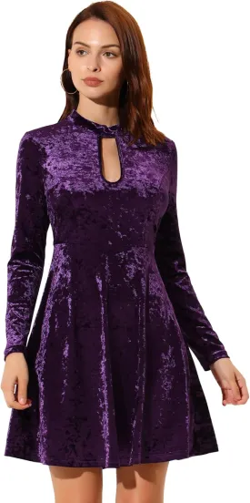 Allegra K Women's Keyhole Neck Dresses High Waist Long Sleeve Christmas Velvet Swing Mini Dress