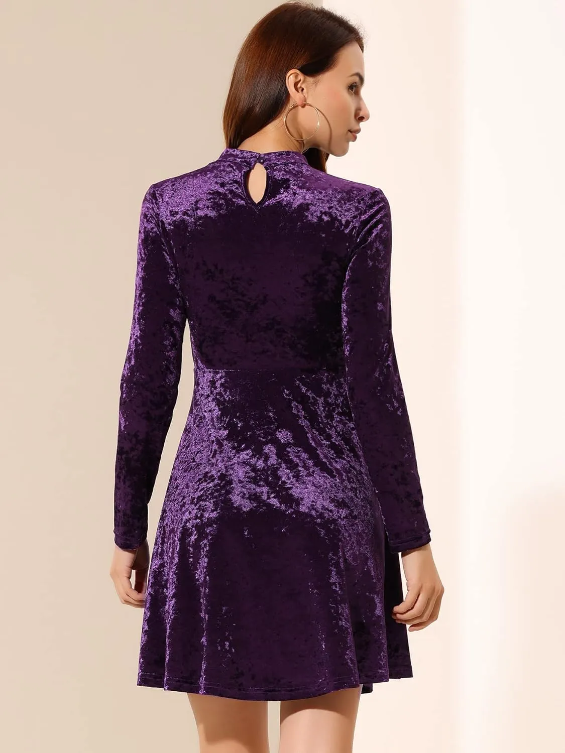 Allegra K Women's Keyhole Neck Dresses High Waist Long Sleeve Christmas Velvet Swing Mini Dress