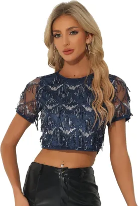 Allegra K Women's Sequin Shiny Glitter Crop Top Christmas Short Sleeves Sexy Party Tassel T-Shirt