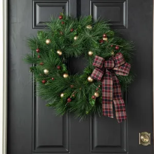 Antiqued Gold, Ornament, Burgundy Jingle Bell & Mixed Holiday Pine Christmas Front Door Wreath