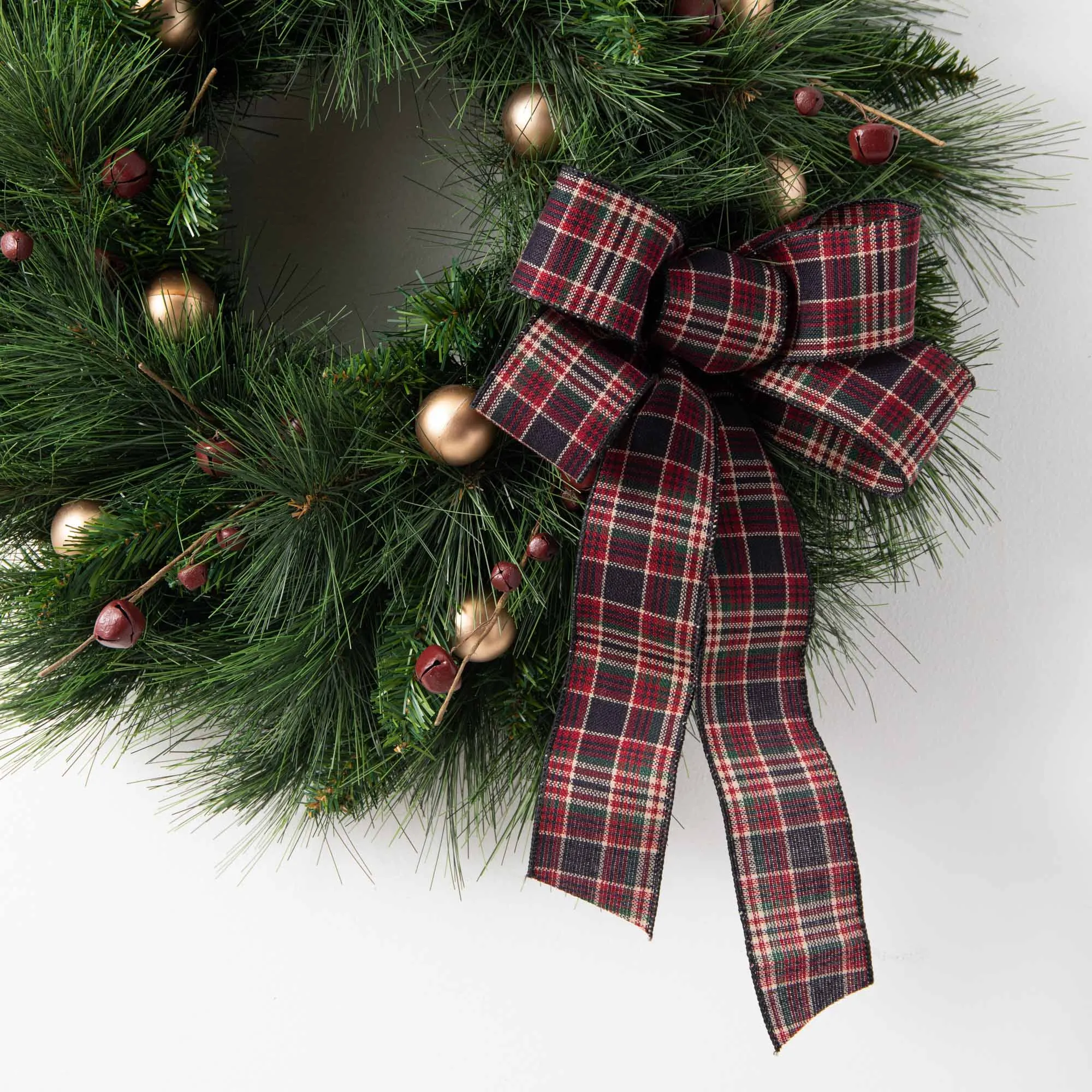 Antiqued Gold, Ornament, Burgundy Jingle Bell & Mixed Holiday Pine Christmas Front Door Wreath