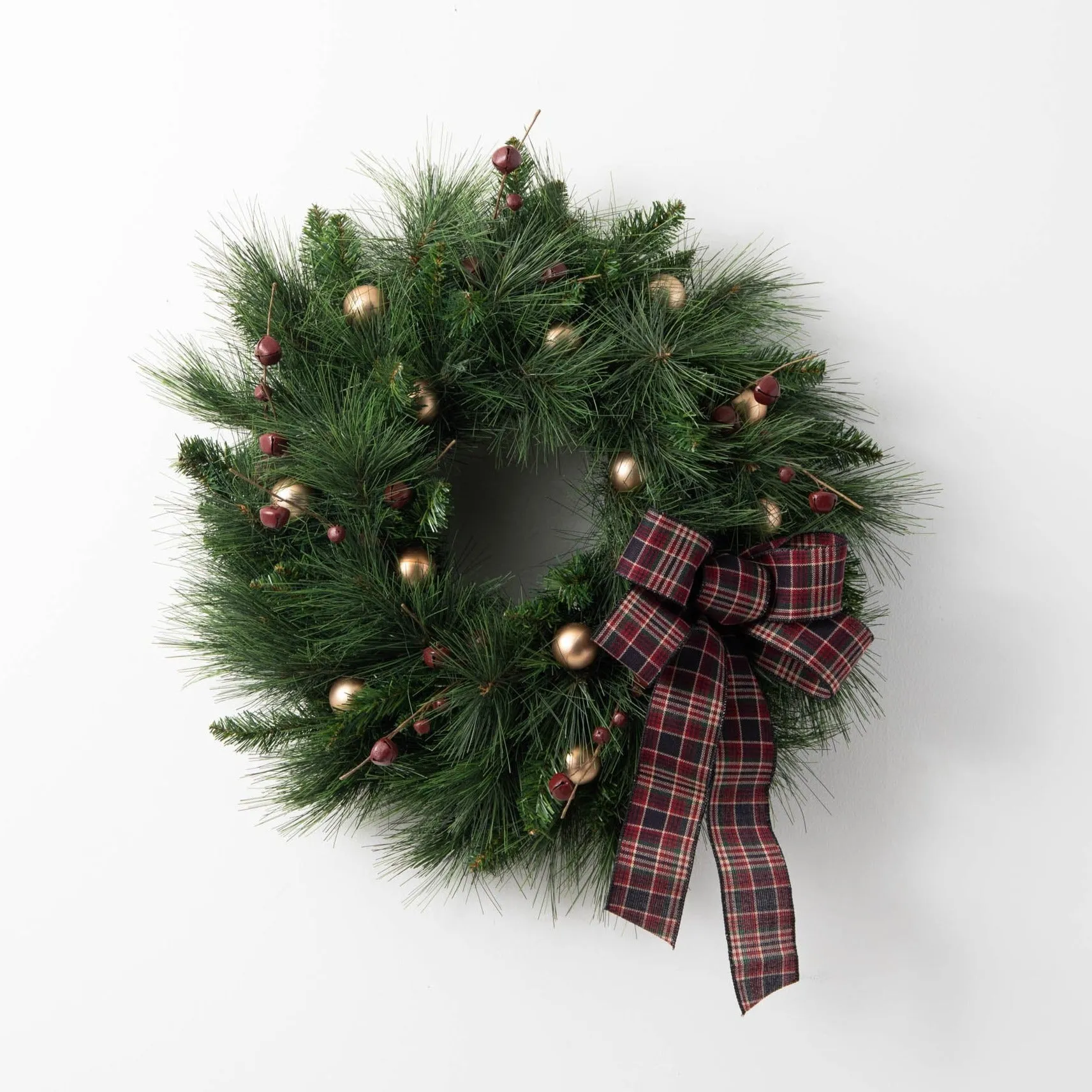 Antiqued Gold, Ornament, Burgundy Jingle Bell & Mixed Holiday Pine Christmas Front Door Wreath