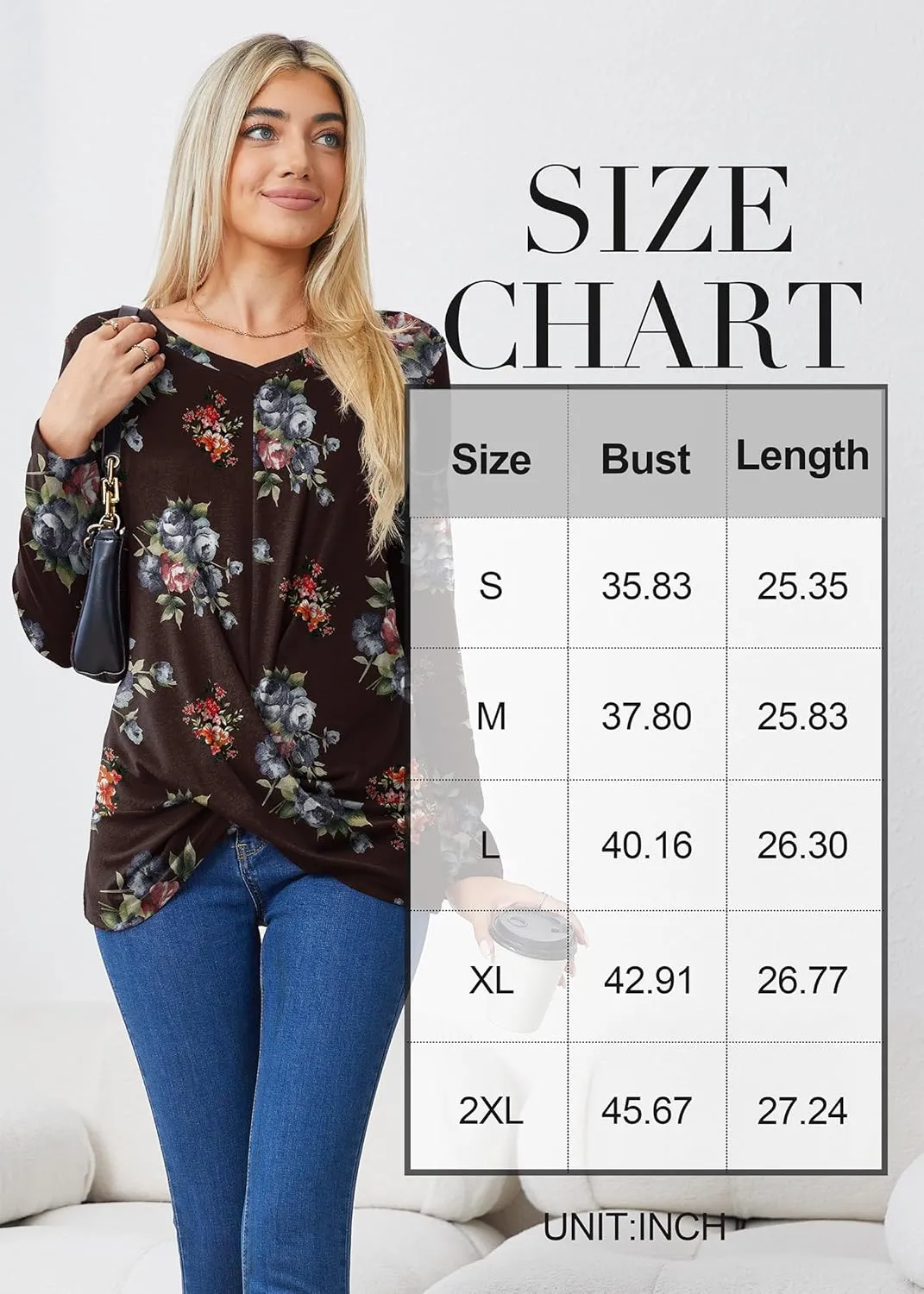 Askyes Women's Long Sleeve Tops 2024 Fall Winter Fashion Tunics Casual Front Twist T-Shirt V Neck Tunics Tops