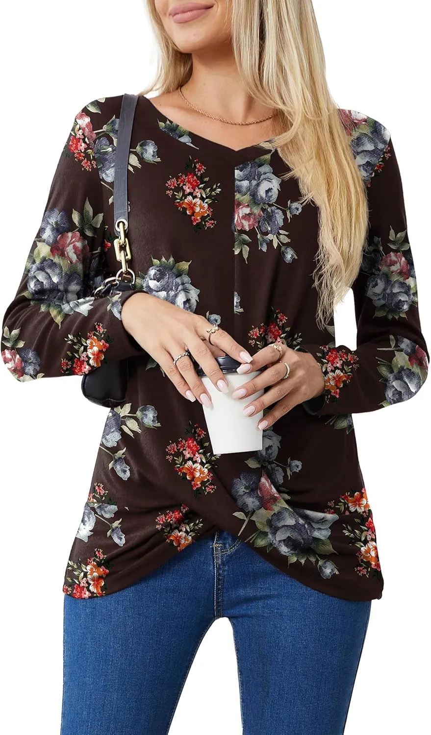 Askyes Women's Long Sleeve Tops 2024 Fall Winter Fashion Tunics Casual Front Twist T-Shirt V Neck Tunics Tops