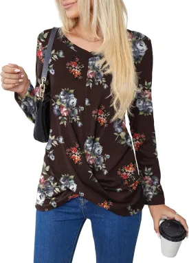 Askyes Women's Long Sleeve Tops 2024 Fall Winter Fashion Tunics Casual Front Twist T-Shirt V Neck Tunics Tops