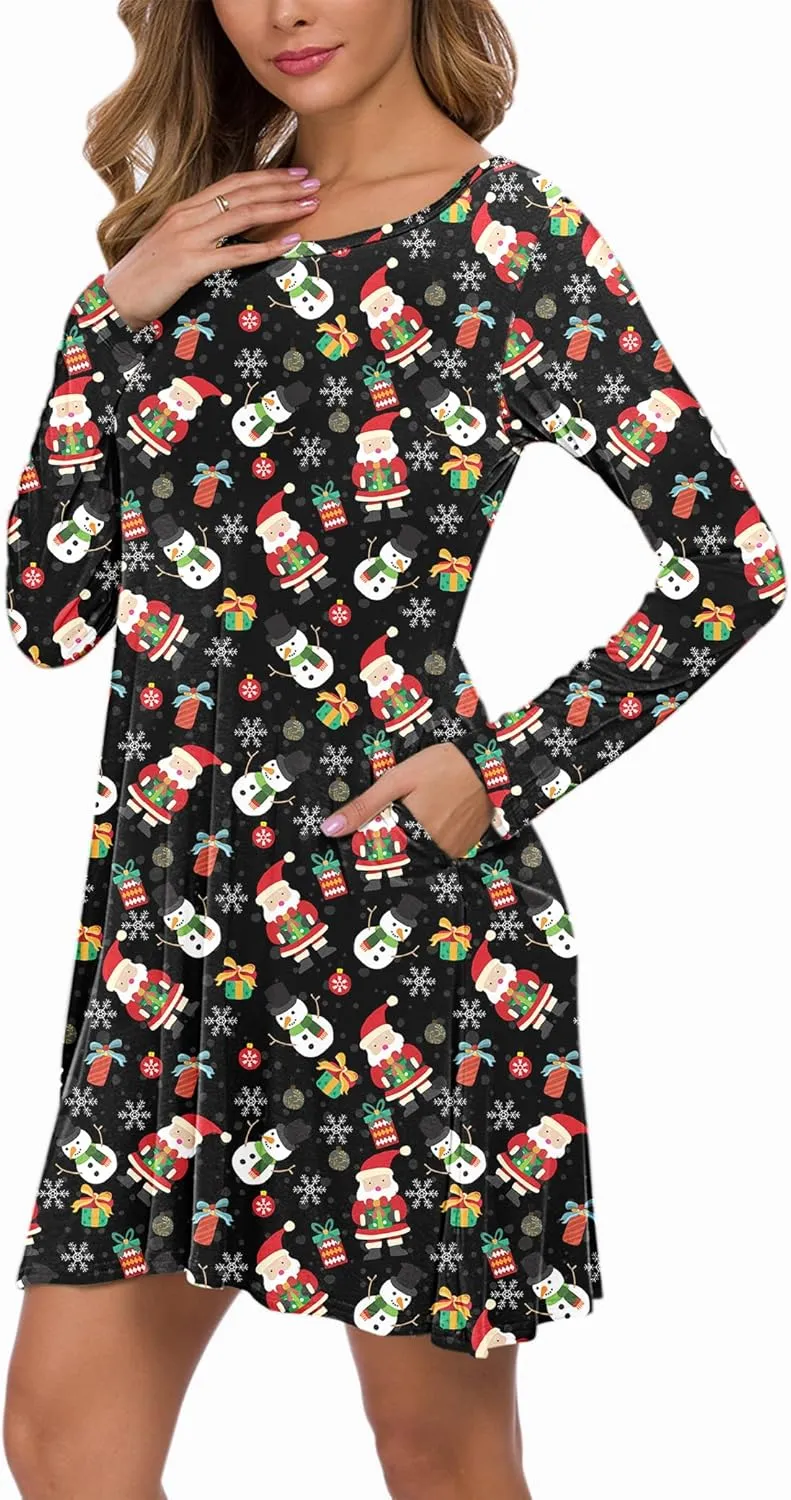 AUSELILY Women's Long Sleeve Casual Swing T-Shirt Dresses with Pockets