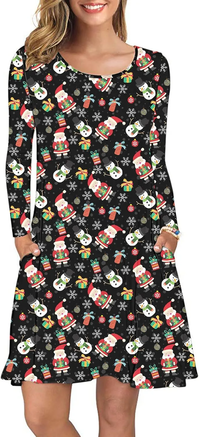 AUSELILY Women's Long Sleeve Casual Swing T-Shirt Dresses with Pockets
