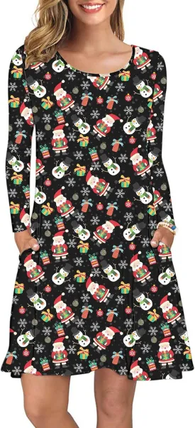 AUSELILY Women's Long Sleeve Casual Swing T-Shirt Dresses with Pockets