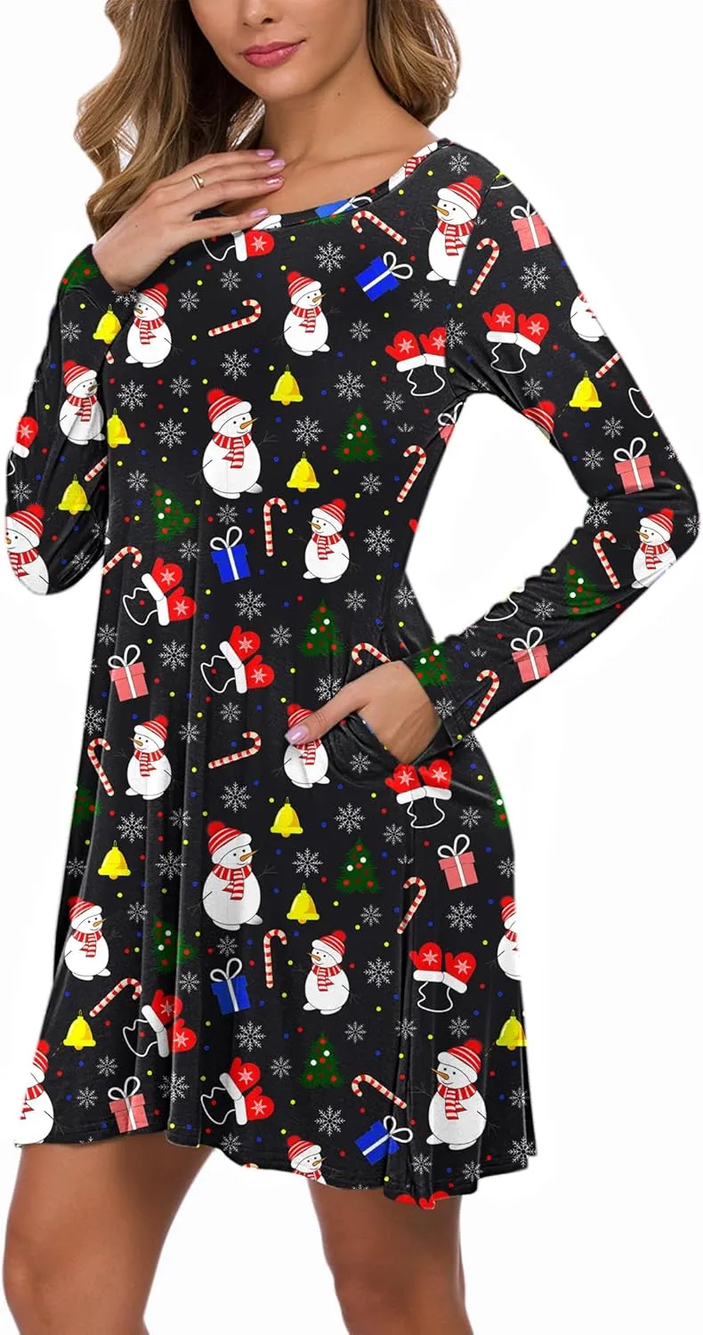 AUSELILY Women's Long Sleeve Casual Swing T-Shirt Dresses with Pockets
