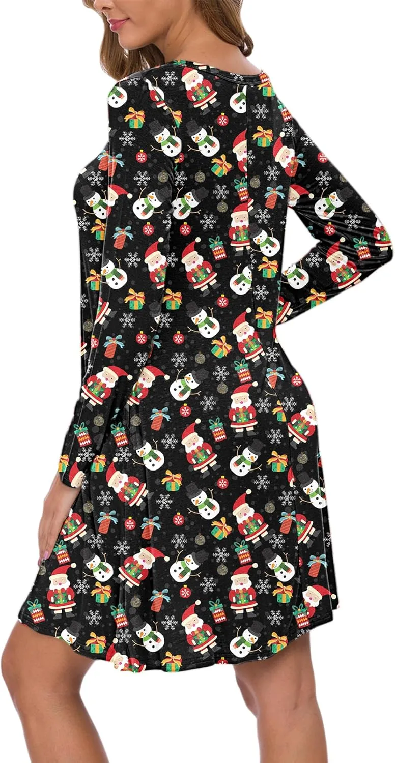 AUSELILY Women's Long Sleeve Casual Swing T-Shirt Dresses with Pockets