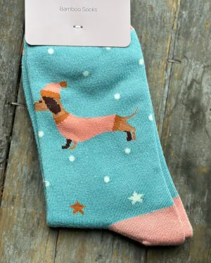 Bamboo Socks - Festive Dachshunds Duck Egg