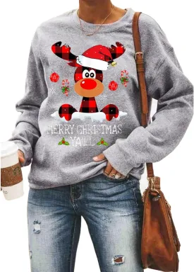Barlver Women Christmas Fleece Sweaters Long Sleeve Fuzzy Sweatshirts Holiday Graphic Shirts