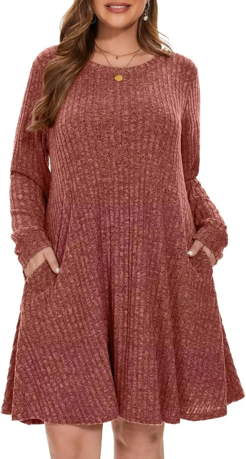 BELAROI Sweater Dress Plus Size Dresses Crew Neck Long Sleeve Casual Fall Winter Tunic Dress Pockets