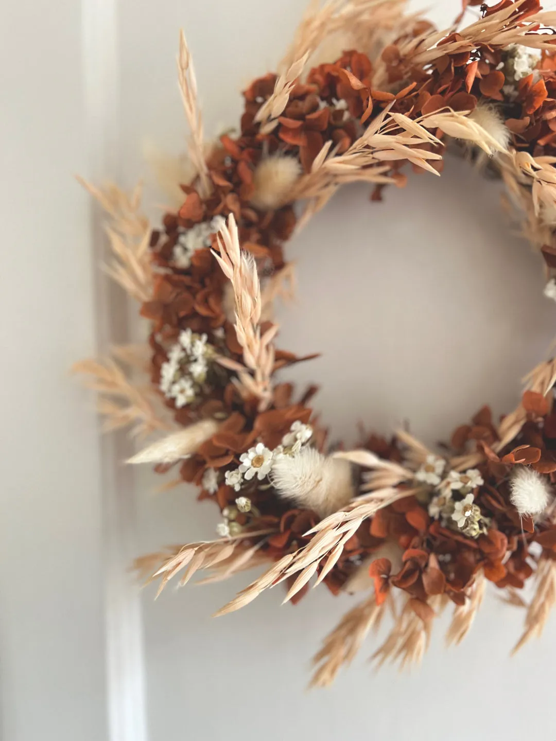 Boho Dried Flower Wreath, Pastel Terracotta Rust Orange Floral Door Autumnal Wreath, Preserved Flower Wreath, Hydrangea Flower Wreath