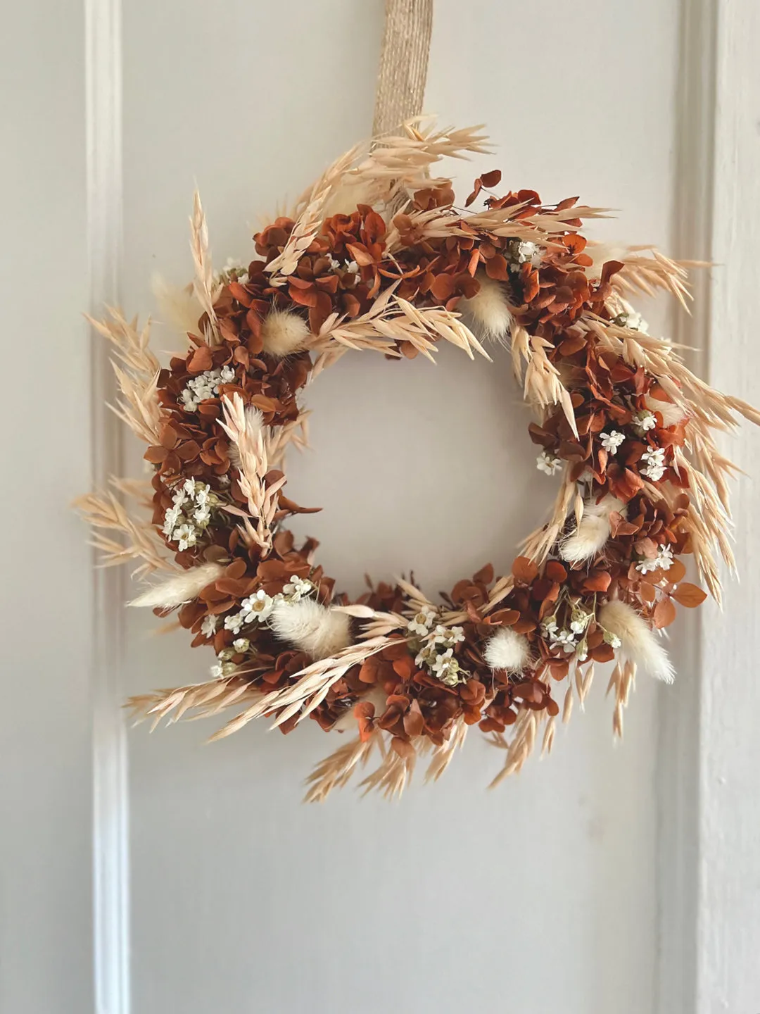 Boho Dried Flower Wreath, Pastel Terracotta Rust Orange Floral Door Autumnal Wreath, Preserved Flower Wreath, Hydrangea Flower Wreath