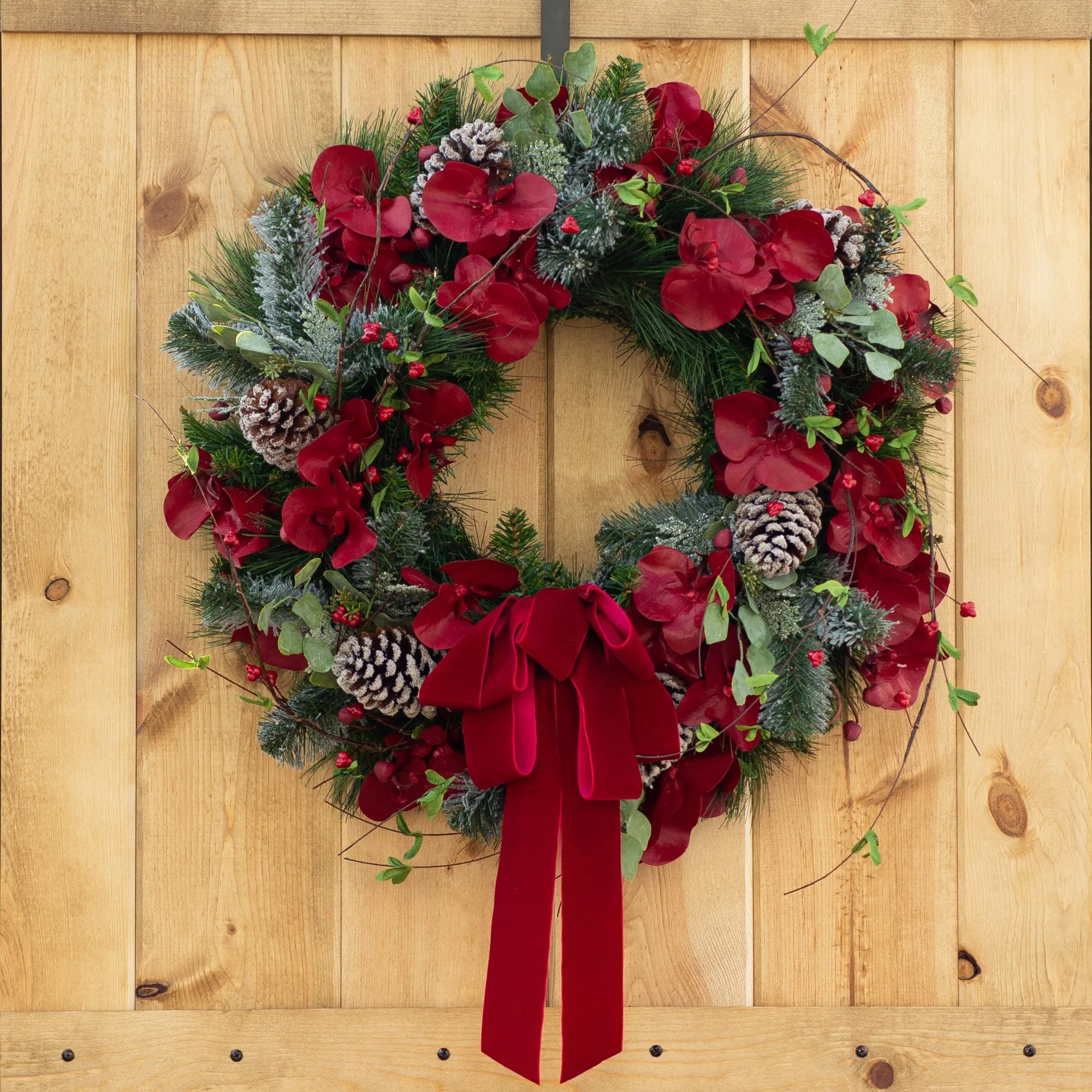Burgundy Red Orchid & Snowy Mixed Pine & Berry Branch Draped Velvet Bow Holiday Christmas Wreath