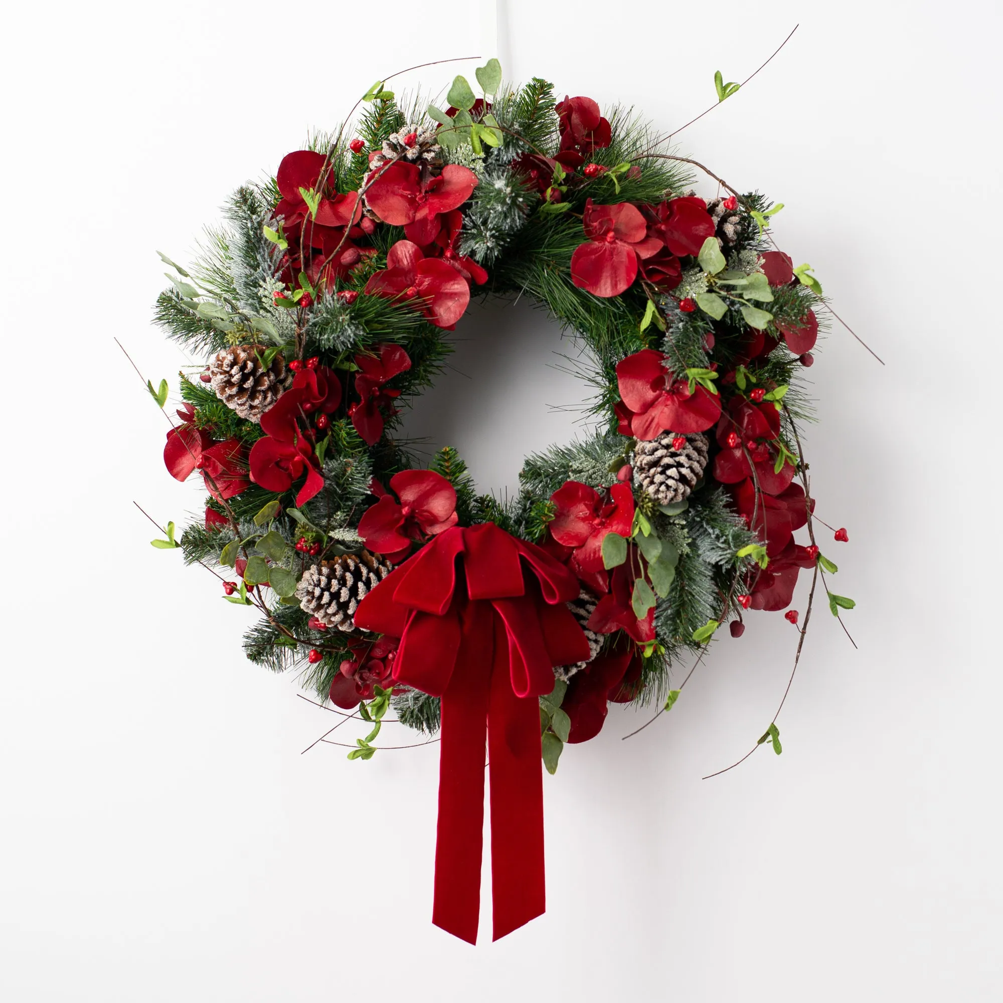Burgundy Red Orchid & Snowy Mixed Pine & Berry Branch Draped Velvet Bow Holiday Christmas Wreath