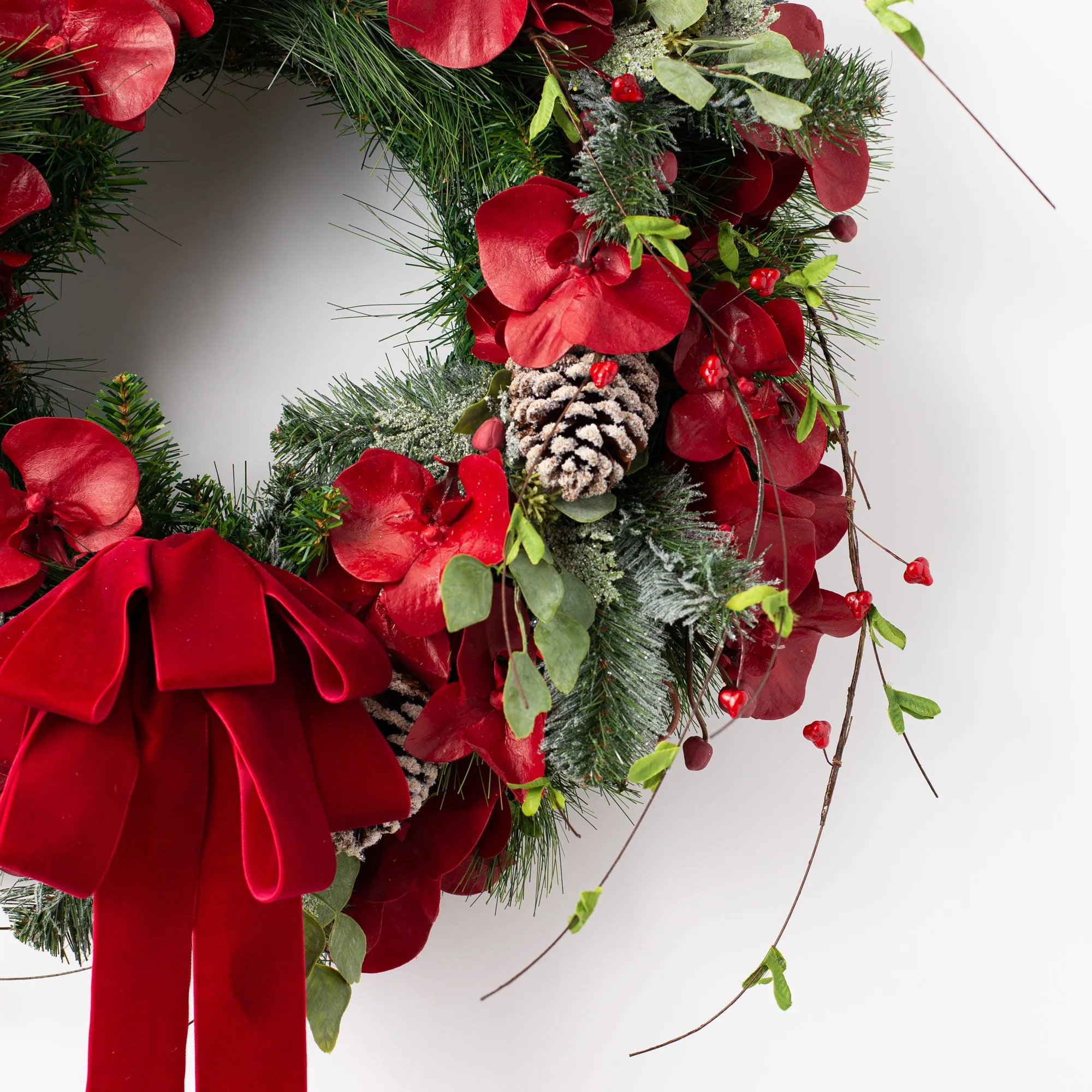 Burgundy Red Orchid & Snowy Mixed Pine & Berry Branch Draped Velvet Bow Holiday Christmas Wreath