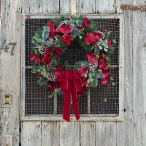 Burgundy Red Orchid & Snowy Mixed Pine & Berry Branch Draped Velvet Bow Holiday Christmas Wreath