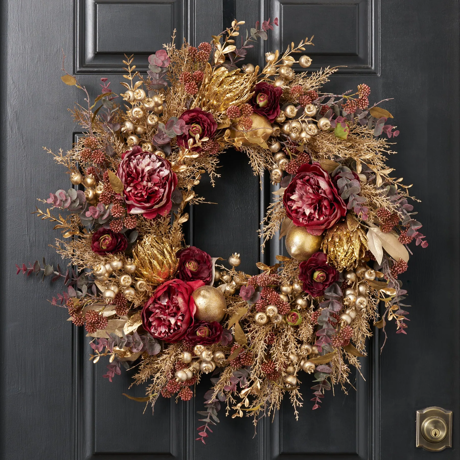 Burgundy Sparkle Peony & Gilded Gold Holiday Decor Front Door Christmas Wreath