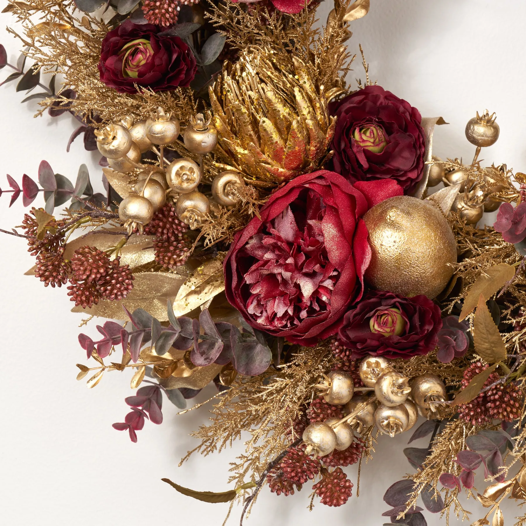 Burgundy Sparkle Peony & Gilded Gold Holiday Decor Front Door Christmas Wreath