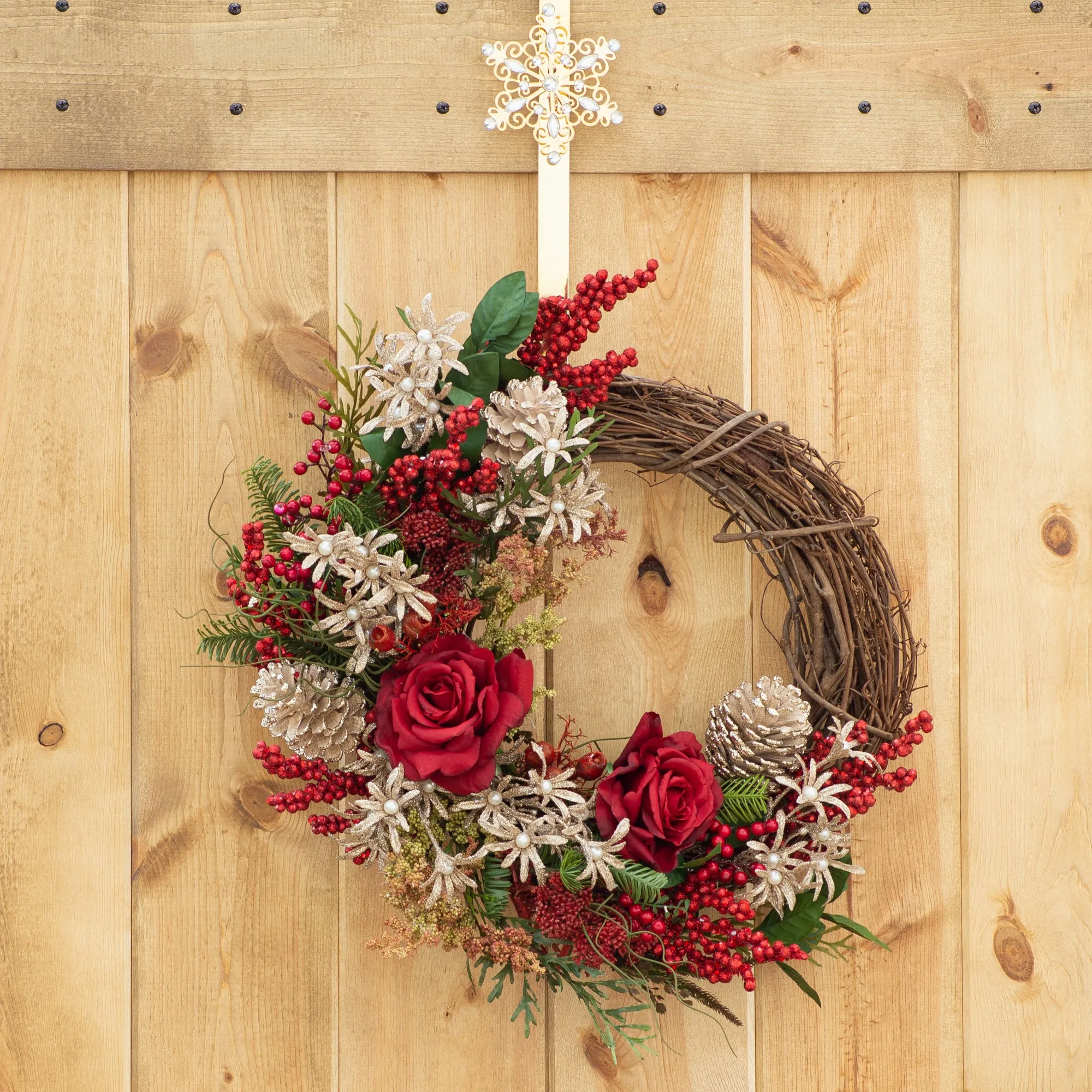 Carol of the Pearls - Red Rose, Mixed Evergreen & Pearled Sparkling Blossom Christmas Front Door Wreath