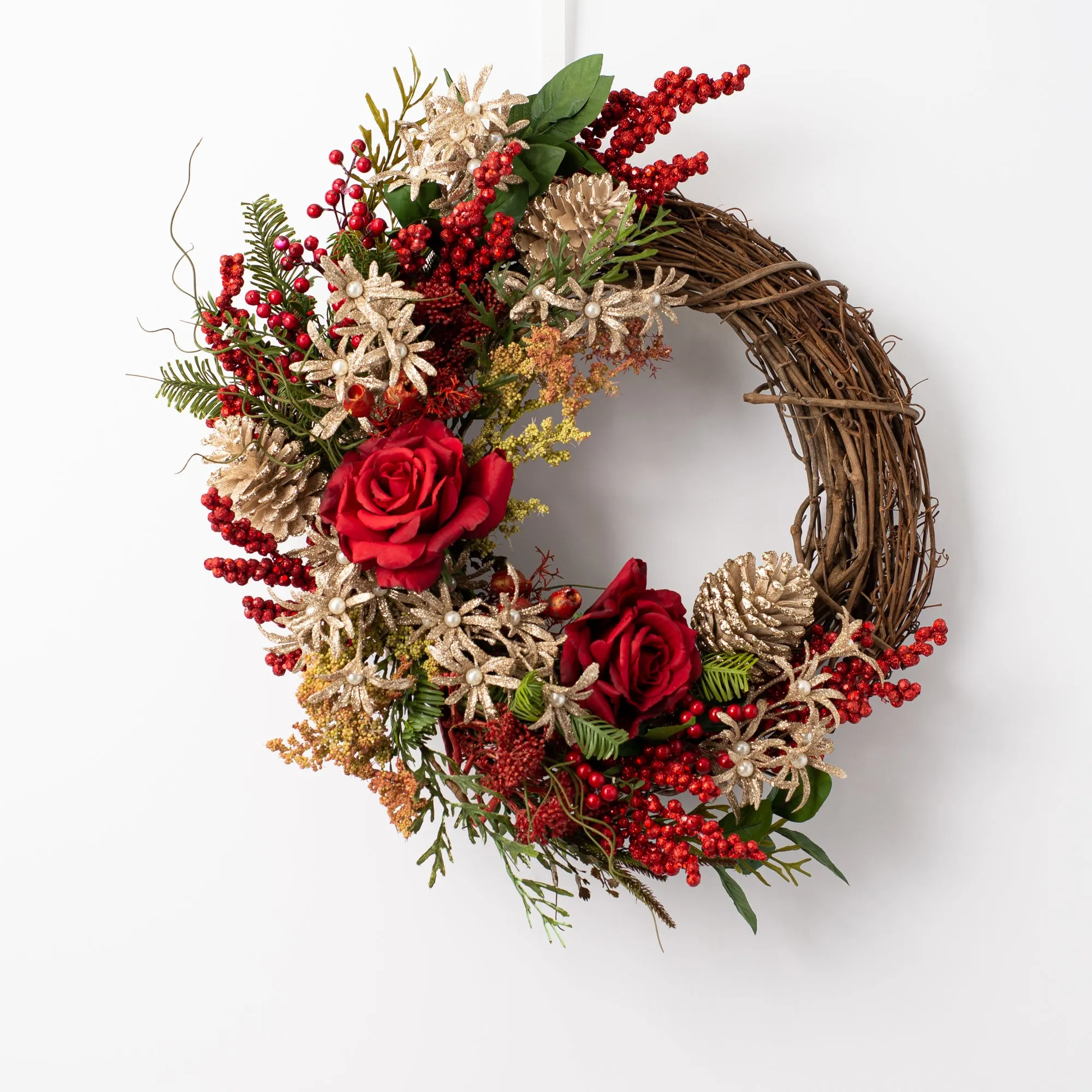 Carol of the Pearls - Red Rose, Mixed Evergreen & Pearled Sparkling Blossom Christmas Front Door Wreath