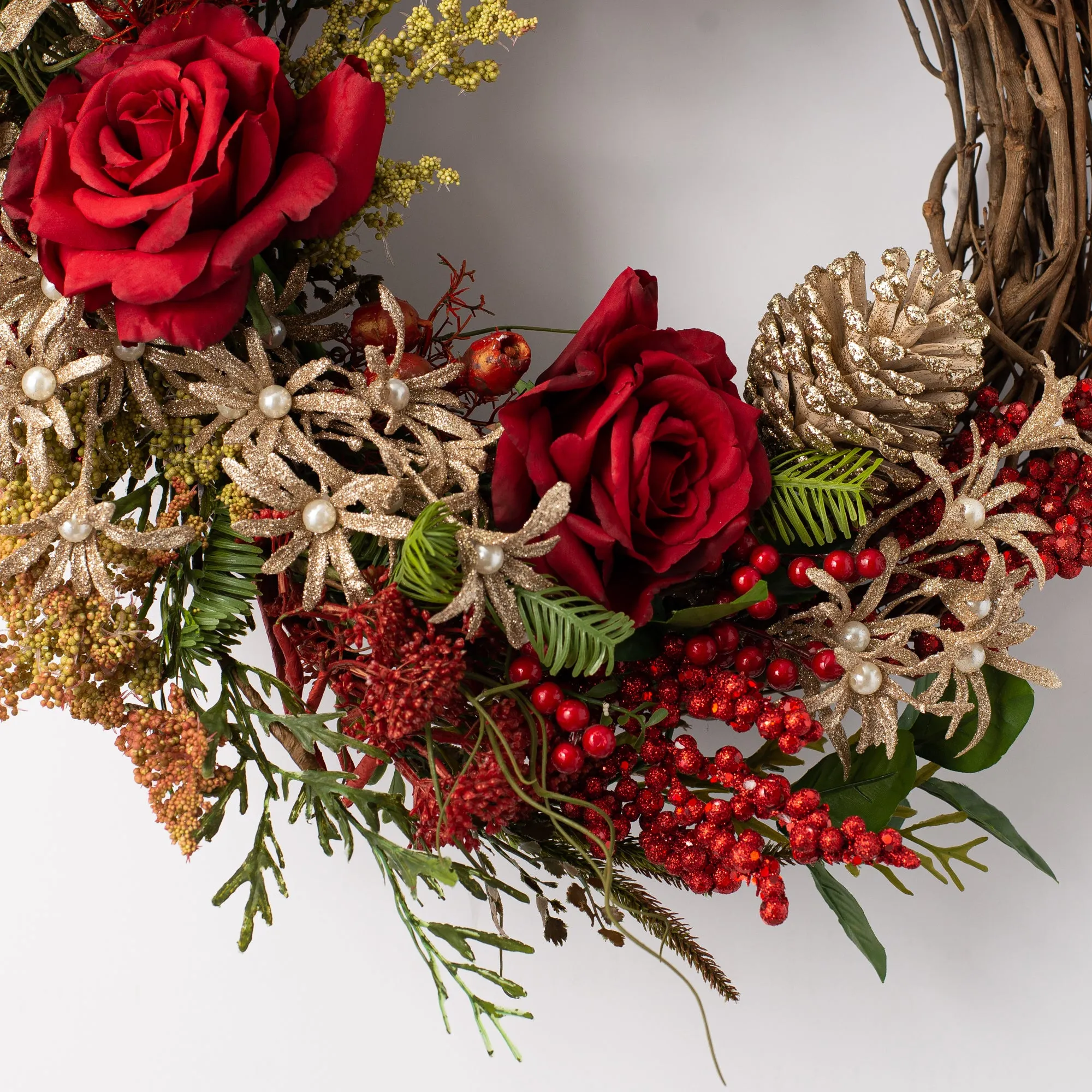 Carol of the Pearls - Red Rose, Mixed Evergreen & Pearled Sparkling Blossom Christmas Front Door Wreath