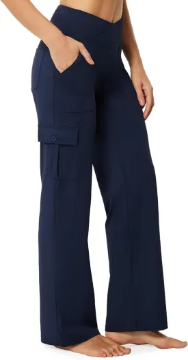 Casei Yoga Pants with Pockets for Women Wide Leg Cargo Pants High Waist Crossover Stretch Work Travel Casual Sweatpants