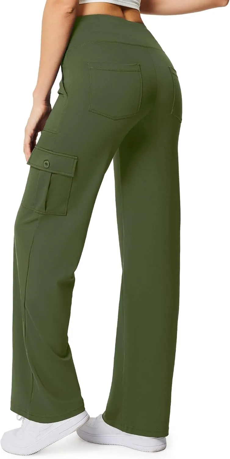 Casei Yoga Pants with Pockets for Women Wide Leg Cargo Pants High Waist Crossover Stretch Work Travel Casual Sweatpants