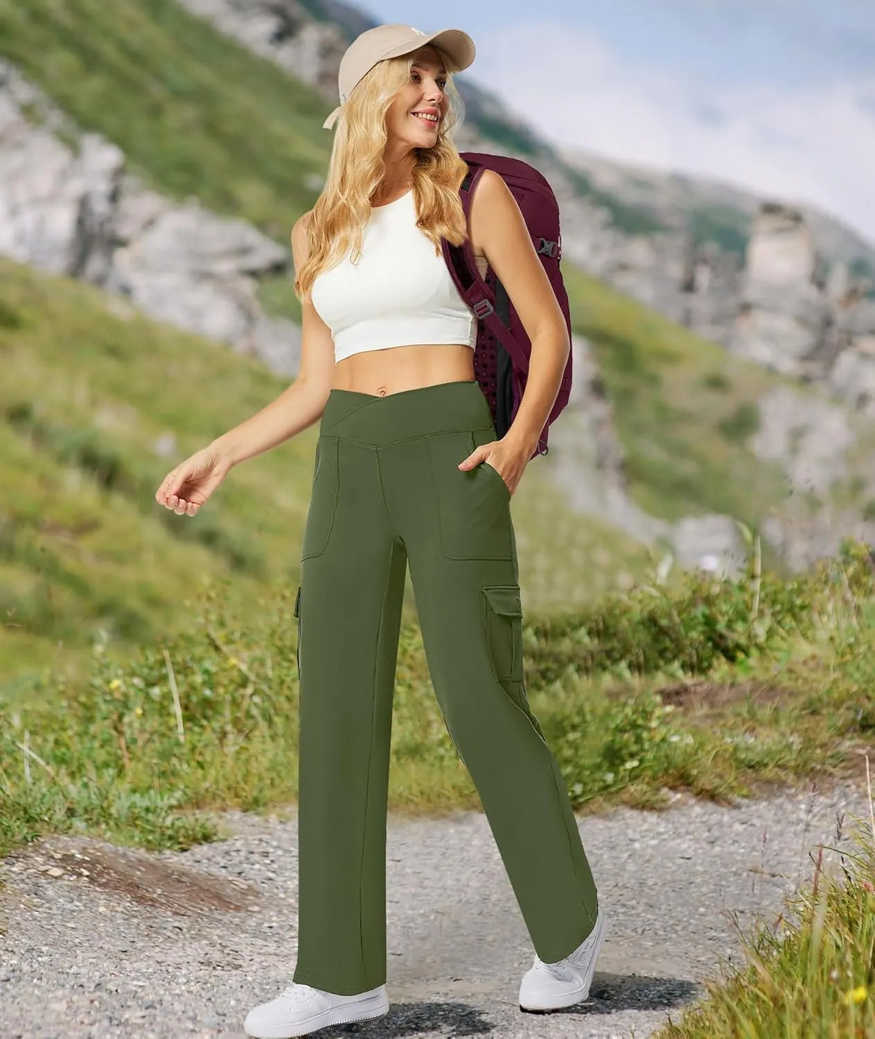 Casei Yoga Pants with Pockets for Women Wide Leg Cargo Pants High Waist Crossover Stretch Work Travel Casual Sweatpants