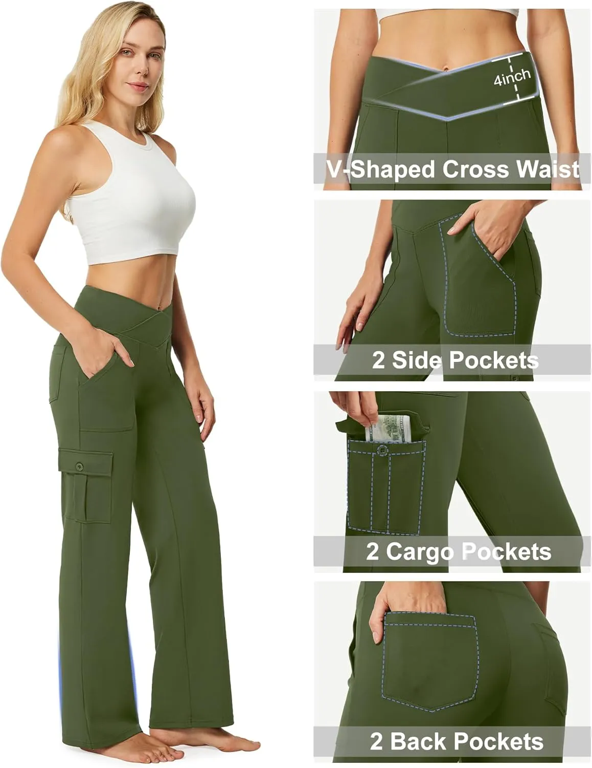 Casei Yoga Pants with Pockets for Women Wide Leg Cargo Pants High Waist Crossover Stretch Work Travel Casual Sweatpants