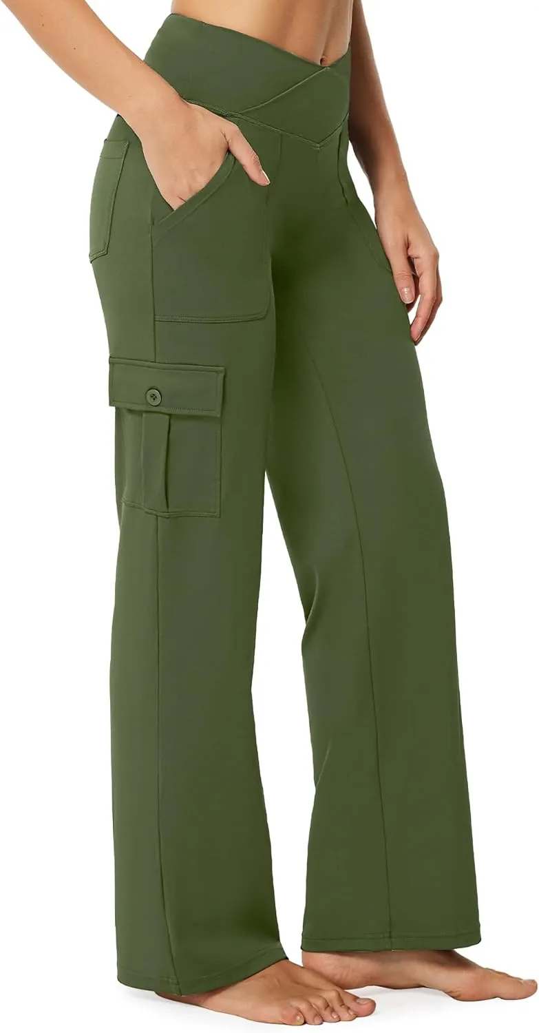 Casei Yoga Pants with Pockets for Women Wide Leg Cargo Pants High Waist Crossover Stretch Work Travel Casual Sweatpants