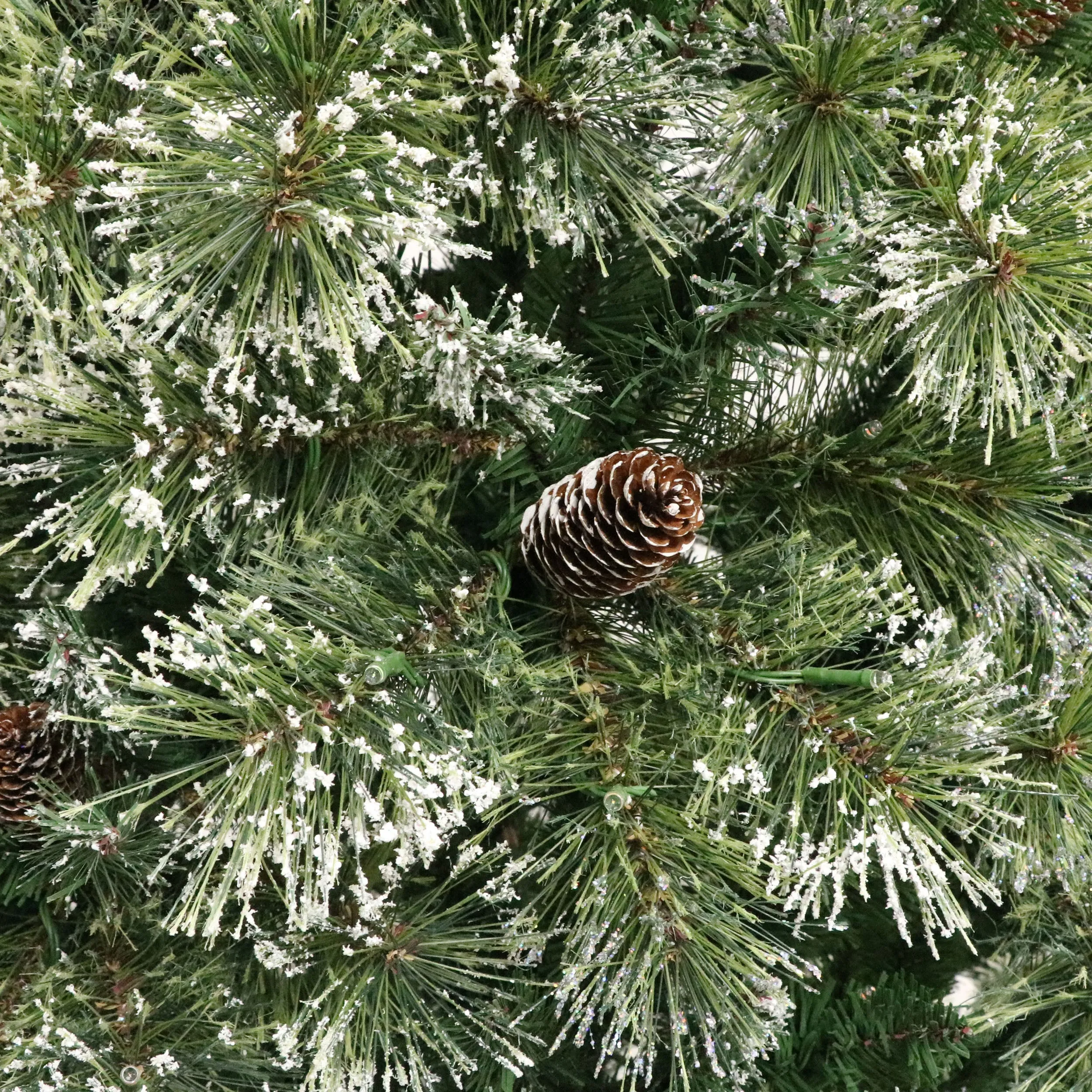 Cashmere Pine and Mixed Needles Pre-Lit Clear LED Hinged Artificial Christmas Tree with Snow and Glitter Branches and Frosted Pinecones - NH022513