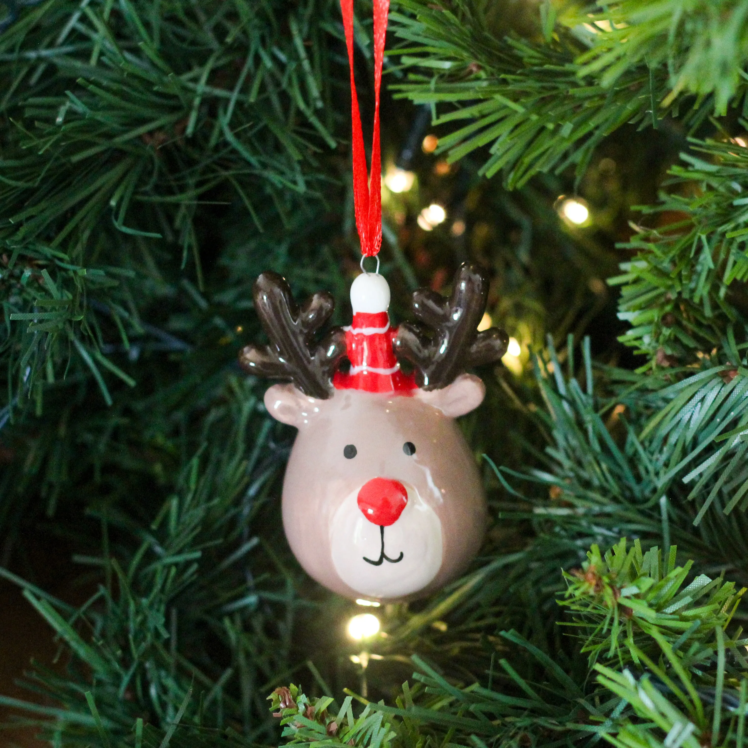 Ceramic Red Nose Reindeer Head Christmas Tree Ornament